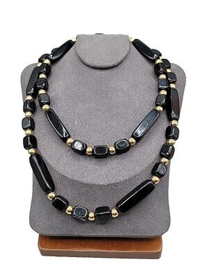Trifari Black Square & Rectangle Bead Necklace Gold Tone Spacer Signed 31"